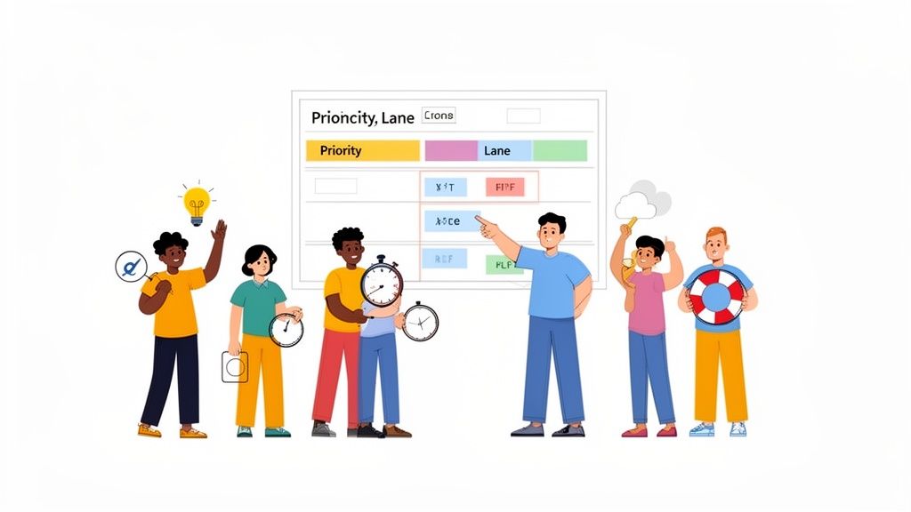 Six diverse cartoon people collaborate around a digital task prioritization board, illustrating workflow management.