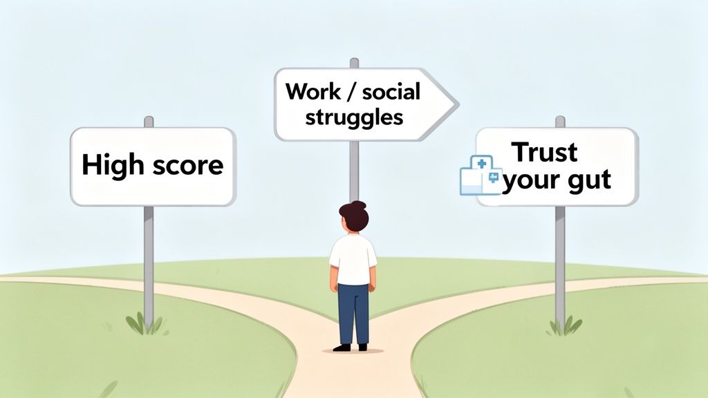 A person stands at a crossroads, looking at signs for 'High score', 'Work/social struggles', and 'Trust your gut'.