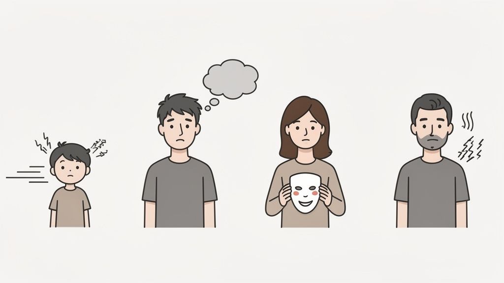 Cartoon illustration of individuals depicting varying emotional and mental states, including restlessness, contemplation, emotional masking, and stress.