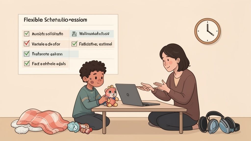 A woman and child sit on the floor, interacting with a laptop in a home learning setting.