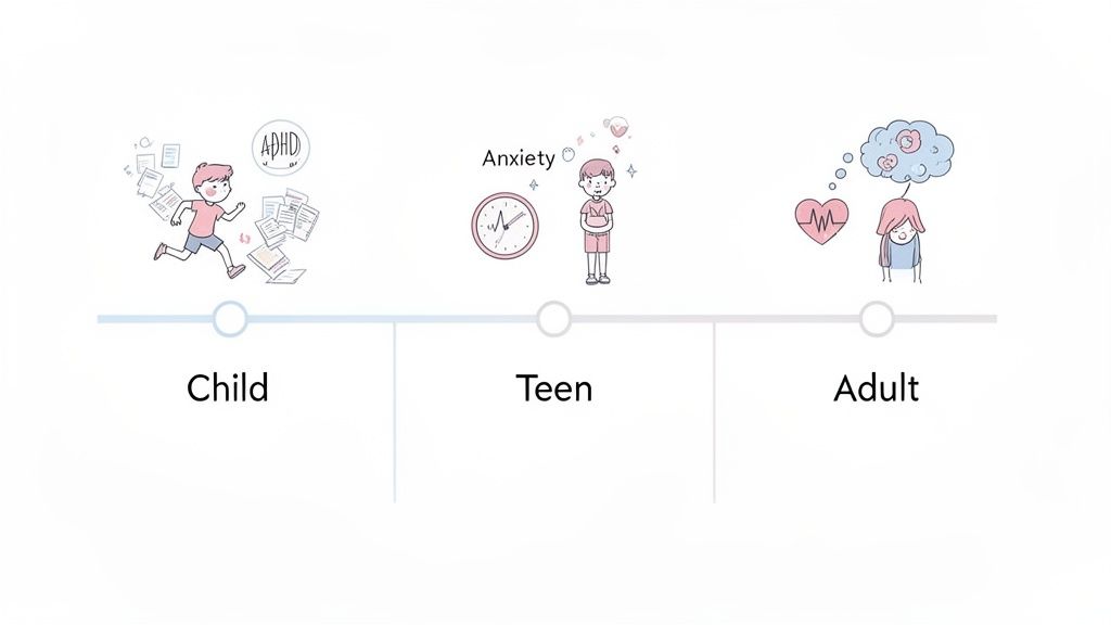 A timeline illustrating ADHD in childhood, anxiety in teenage years, and mental health challenges in adulthood.