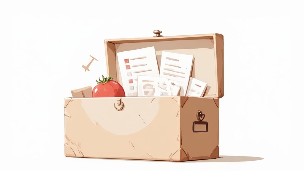 An open light brown box contains papers, a red tomato, and an 'I'-shaped object, representing various tasks.
