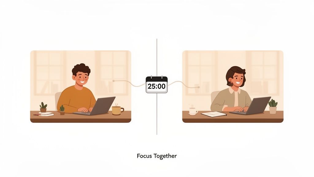 Illustration of two individuals working remotely on laptops, connected by a 25-minute focus timer.