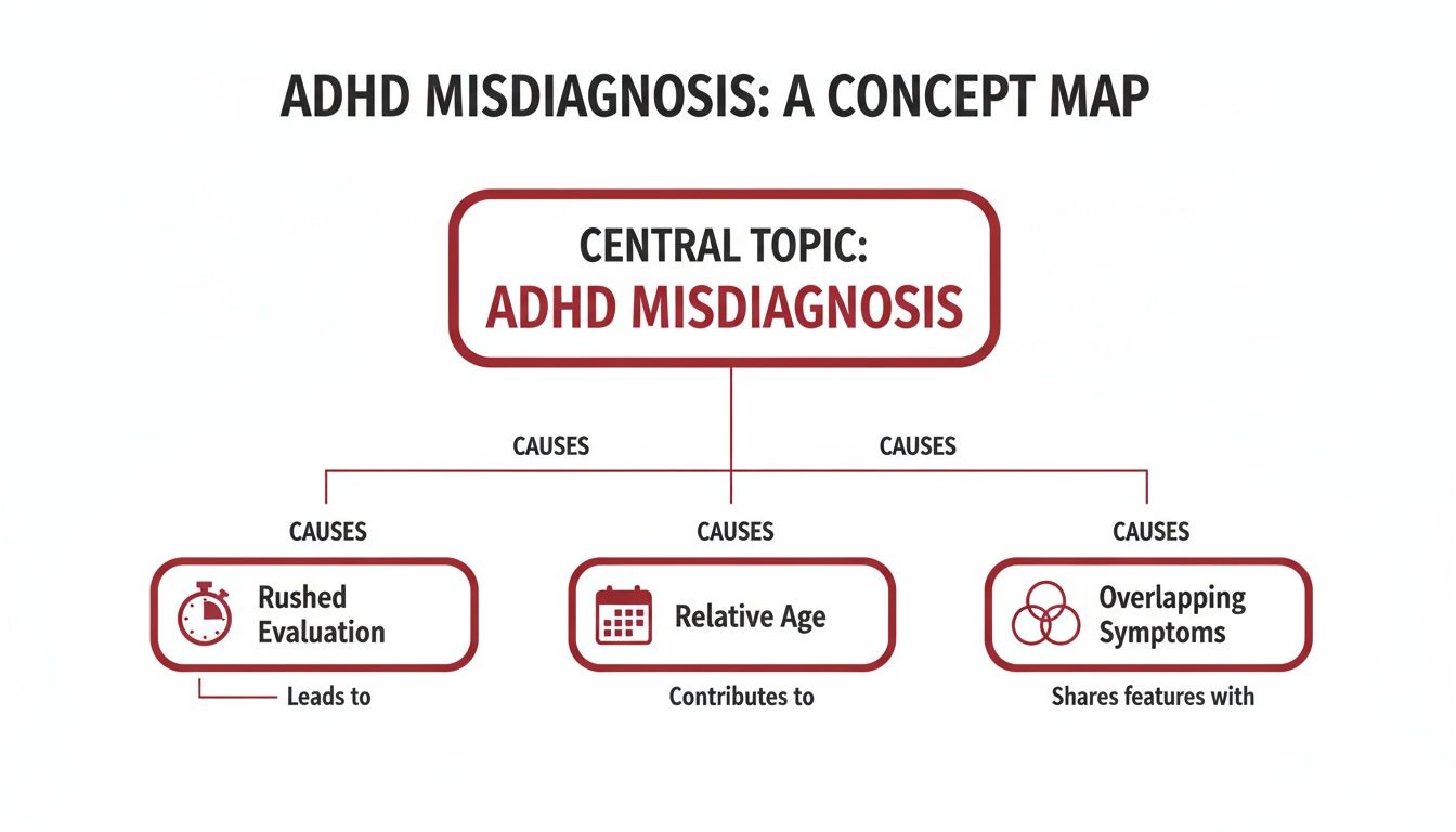 Concept map illustrating ADHD misdiagnosis and its three main causes: rushed evaluation, relative age, and overlapping symptoms.