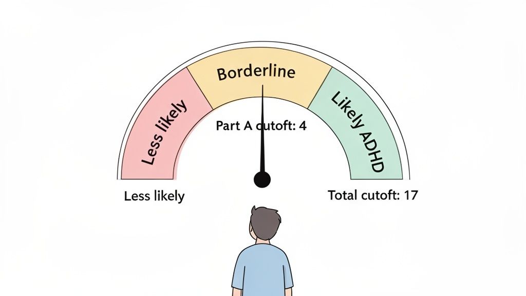 A diagnostic gauge for ADHD, showing categories: Less likely, Borderline (where the needle points), and Likely ADHD, with cutoff scores.