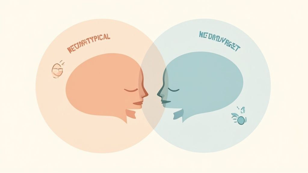Venn diagram comparing neurotypical and neurodivergent brains, each with a profile head and distinct symbols.