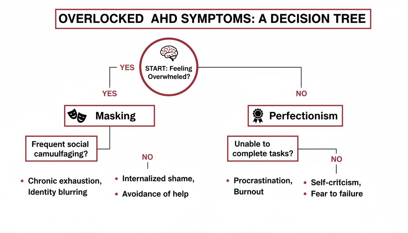 Flowchart illustrating overlooked ADHD symptoms, detailing masking and perfectionism as responses to feeling overwhelmed.