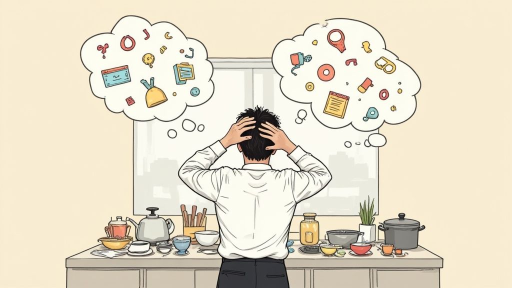 A person looking overwhelmed while sitting at a messy desk with papers and a laptop.