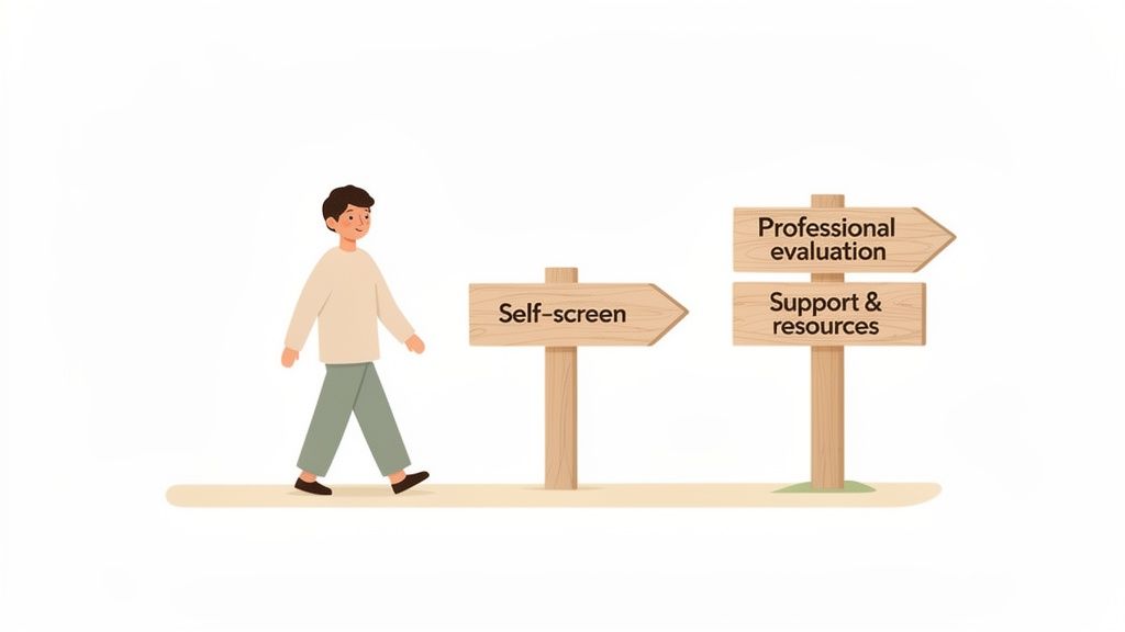 A cartoon person walks towards wooden signposts offering options: self-screen, professional evaluation, and support.