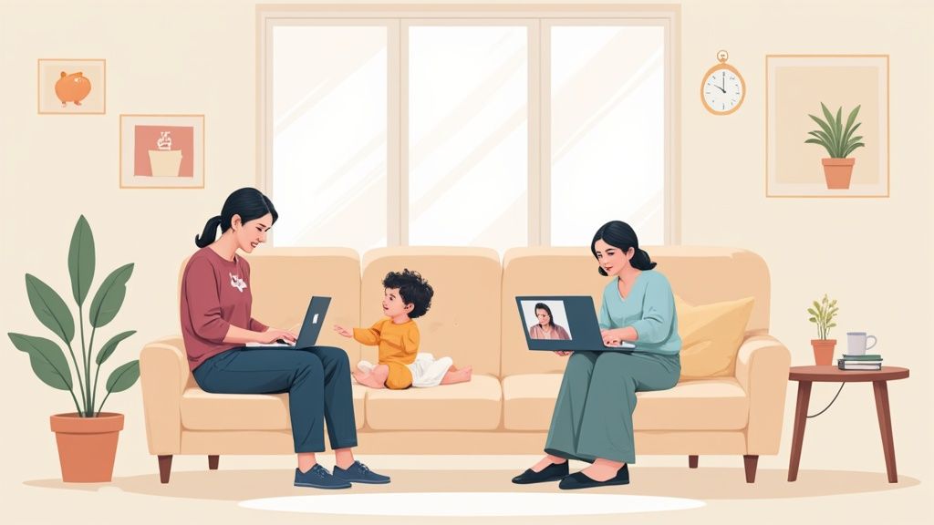 Two women work on laptops at home on a sofa, with a young child playing nearby.