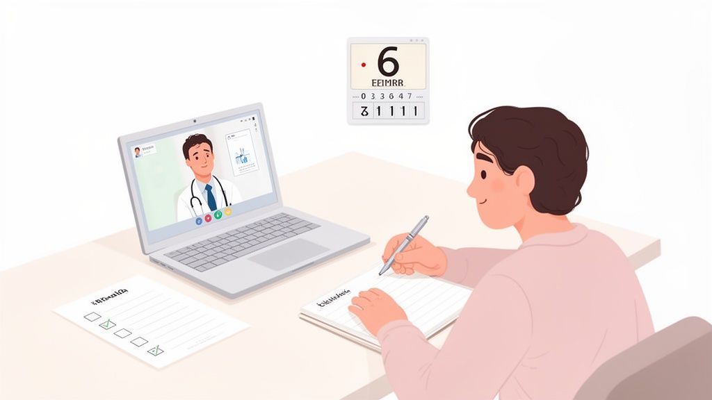 A person is having a telehealth appointment with a doctor, writing notes on their laptop.