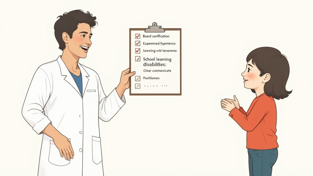 A friendly neuropsychologist sitting at a desk, looking approachable and ready to help.