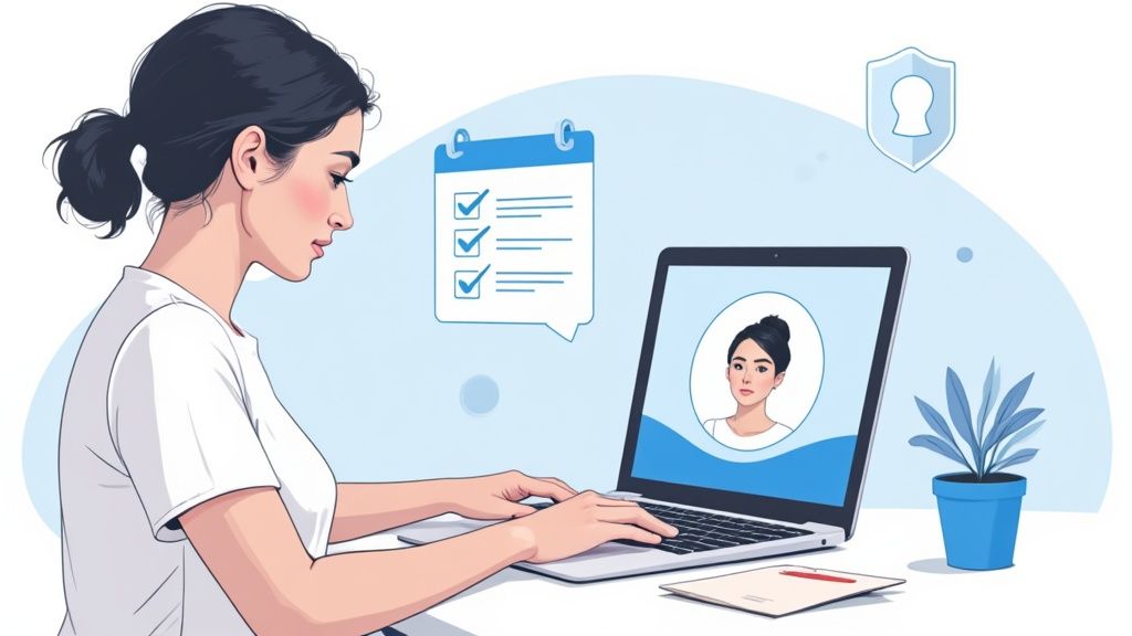 An illustration of a woman working on a laptop with a task list, profile picture, and security icon.