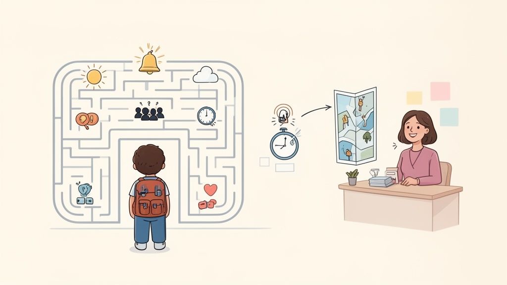 A child faces a maze of learning challenges with various icons, while a teacher provides guidance with a map.