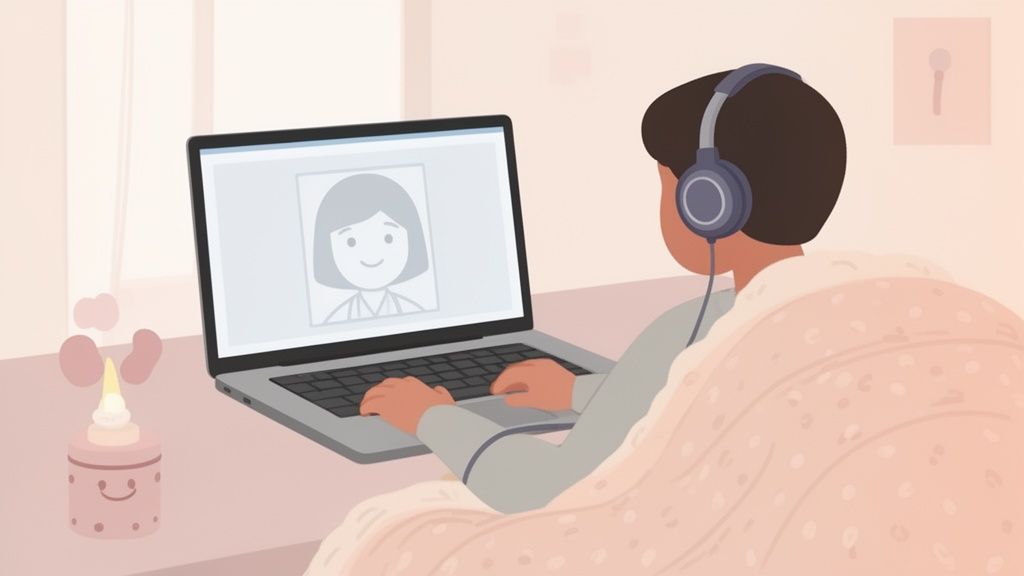 A person with headphones sits wrapped in a blanket, engaged in an online session on a laptop, displaying a cartoon woman.