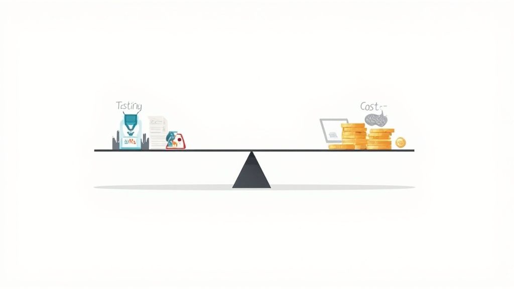 Illustration showing a seesaw balancing 'Testing' (documents, lab items) against 'Cost' (money, laptop, brain icon).