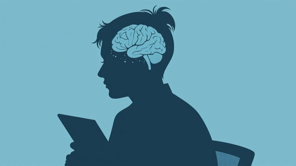 A student reviewing documents at a desk with a laptop and coffee.