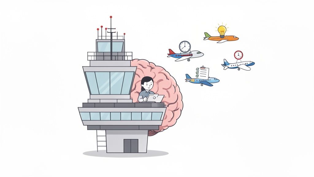 Illustration of a brain as an air traffic control tower, with a person managing tasks and ideas represented by airplanes.