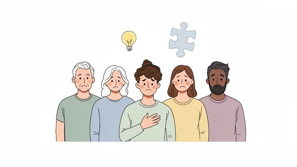 Five diverse people with sad expressions, a lightbulb, and a puzzle piece, symbolizing autism awareness.
