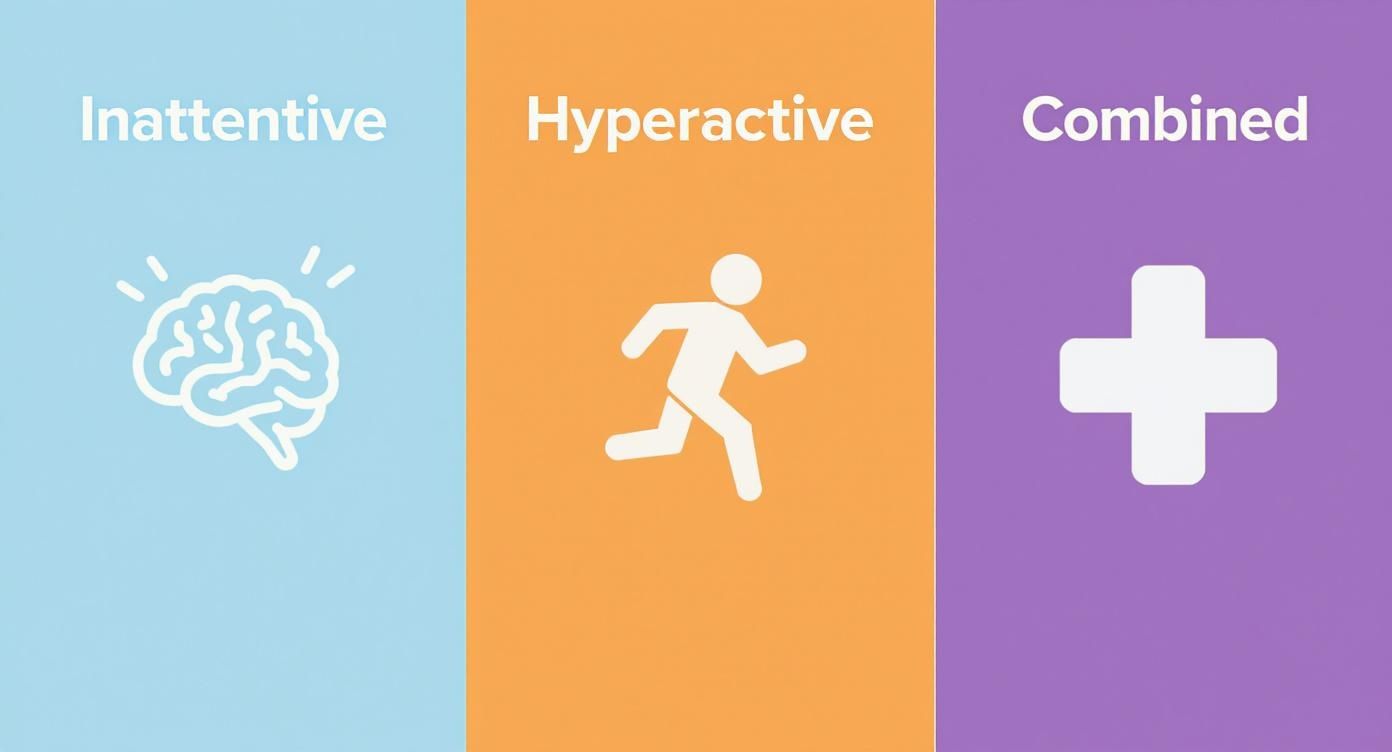 Infographic showing three types of ADHD: Inattentive, Hyperactive, and Combined presentations.
