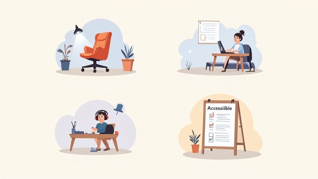 Illustrations of diverse work settings including an ergonomic chair, remote work, podcasting, and an accessibility checklist.