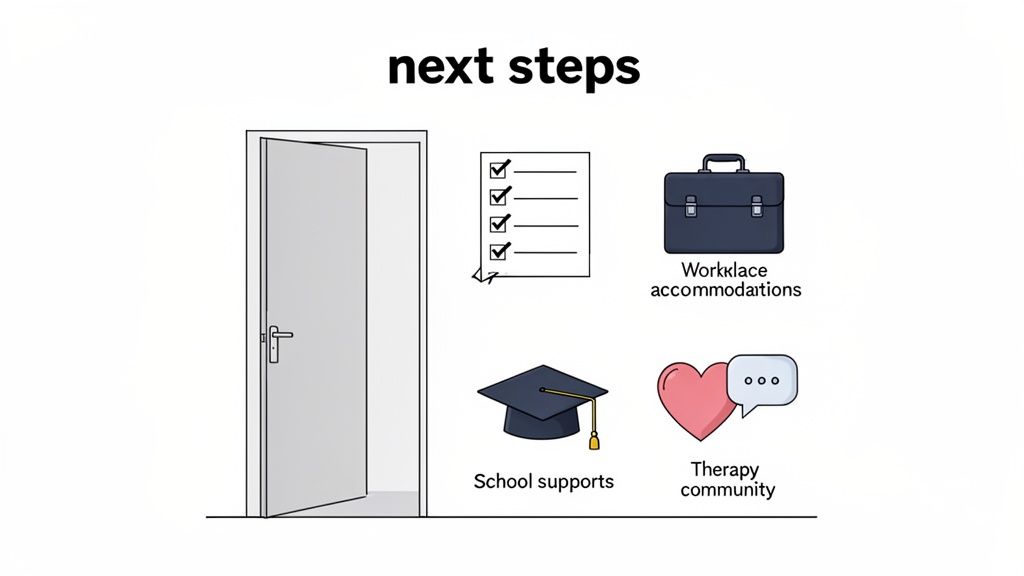 An illustration of 'next steps' featuring an open door and icons for workplace, school, and therapy supports.