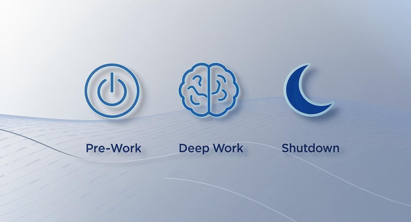 Three stages of productive work routine showing power button, brain, and moon symbols representing pre-work, deep work, and shutdown phases