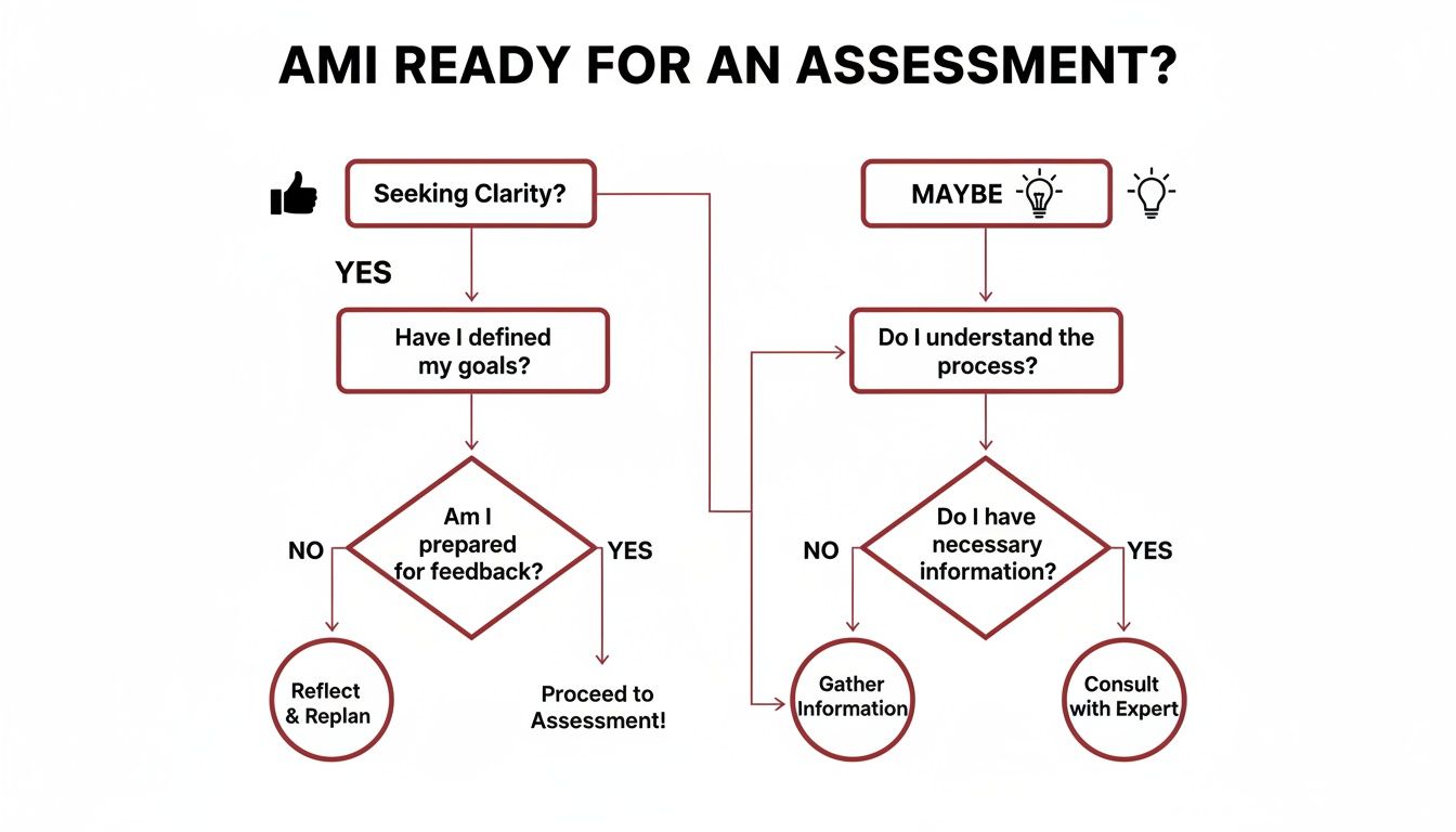 A flowchart guides users on readiness for an assessment, addressing clarity, goals, feedback, process, and information.