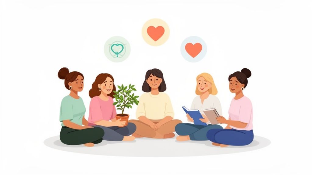 Five diverse women sit in a circle, reading, sharing, and nurturing, symbolizing a supportive community.