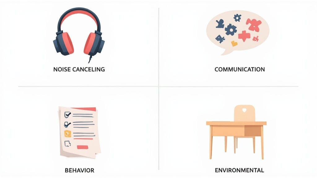 A structured diagram showing the four pillars of autism accommodations labeled sensory, communication, behavioral, and environmental.
