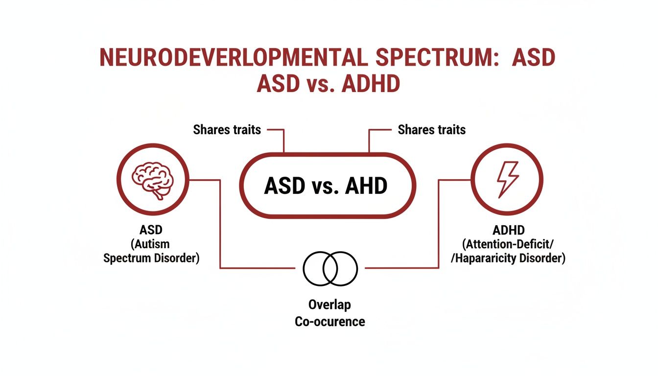 Diagram comparing Autism Spectrum Disorder (ASD) and Attention-Deficit/Hyperactivity Disorder (ADHD), showing shared traits and co-occurrence.