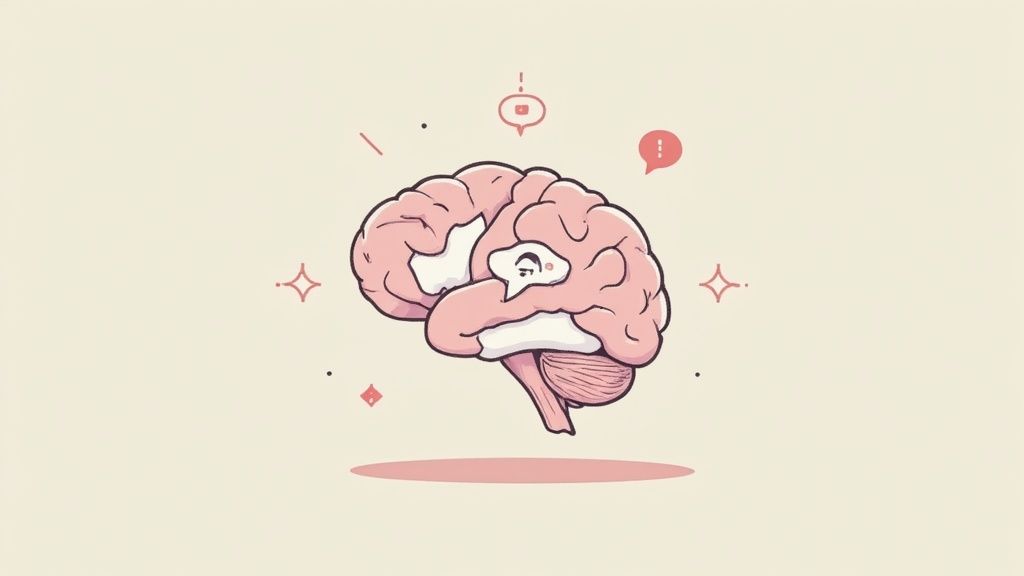 A cartoon illustration of a pink brain with subtle thoughts and sparkling elements on a light background.