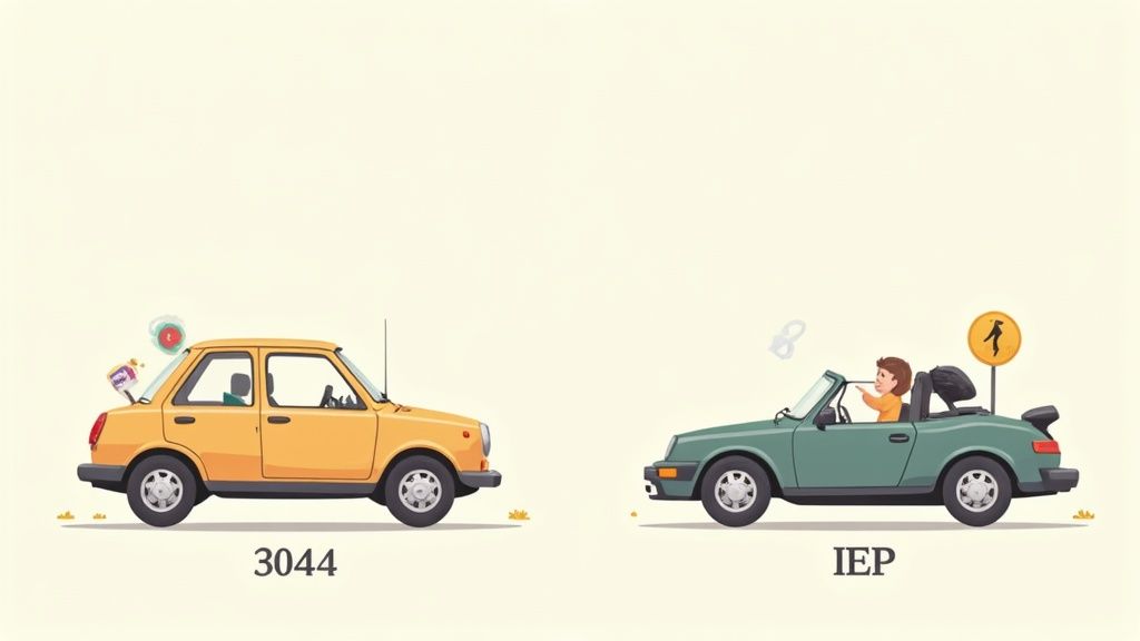 Two cartoon cars illustrate contrasting educational support: a cluttered yellow car labeled "3044" and a streamlined green car labeled "IEP".
