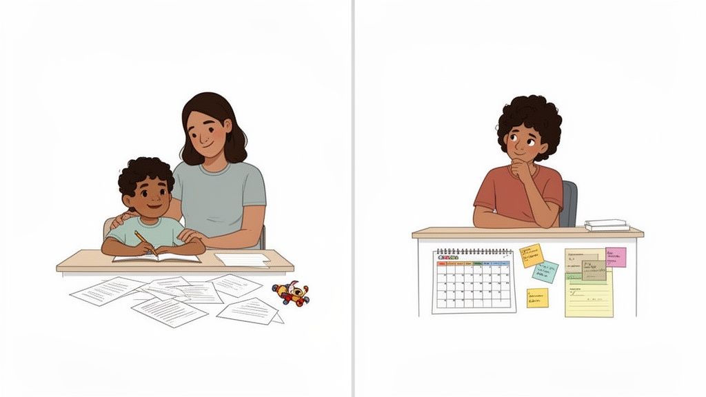 A two-panel image showing a mother helping a young boy with homework and an older boy thoughtfully planning at his desk.