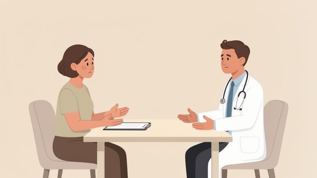 Cartoon illustration of a concerned woman consulting with a friendly male doctor.