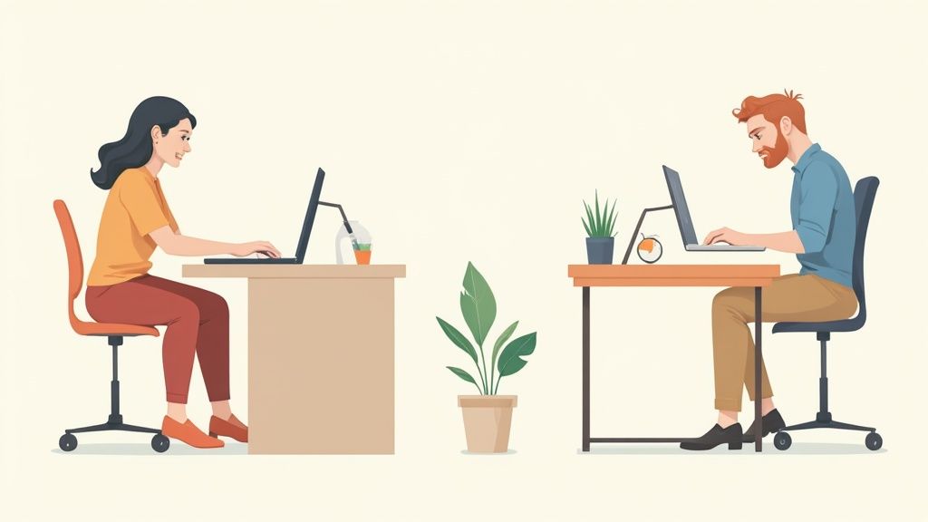 Two professionals working at separate desks with computers in modern office workspace