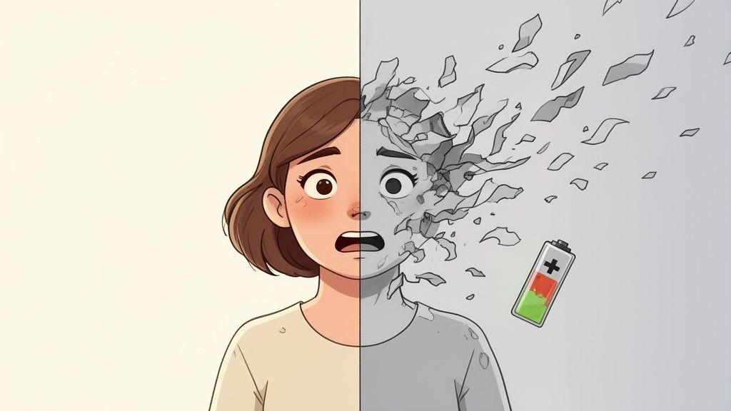 Cartoon woman's face, half healthy and half crumbling with a low battery icon, showing burnout.
