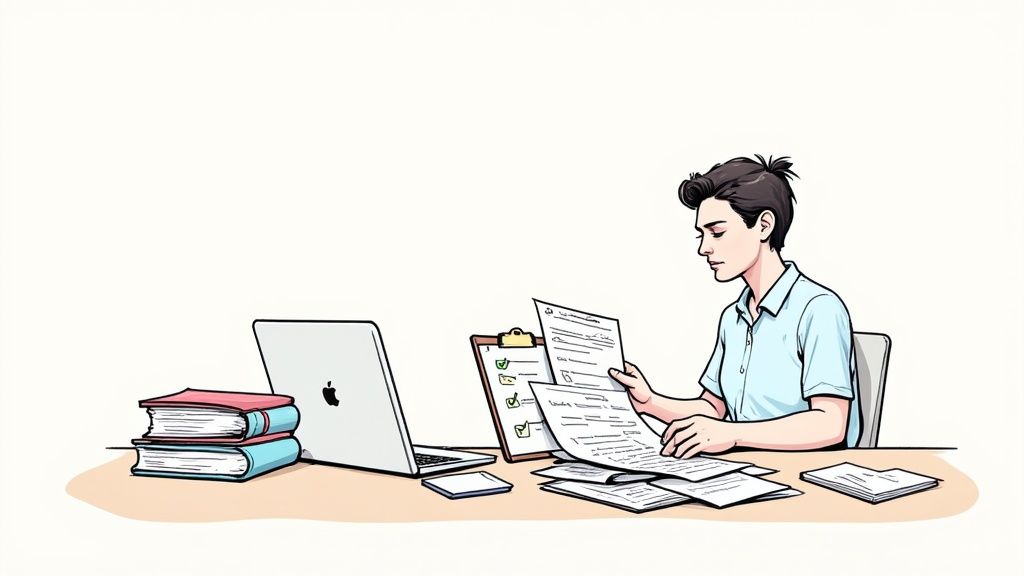 A person sitting at a desk, looking thoughtfully at a laptop screen.