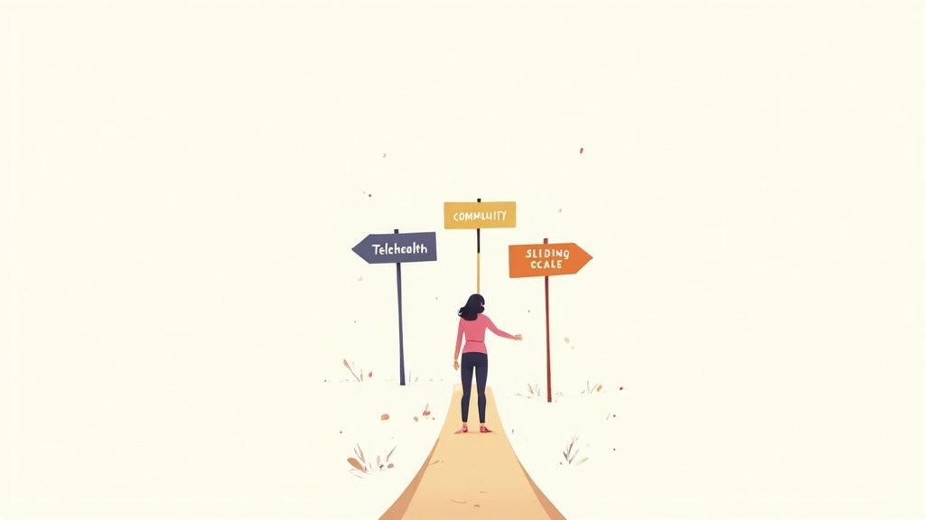 A person stands at a crossroads, facing signs pointing to 'Telehealth', 'Community', and 'Sliding Scale'.