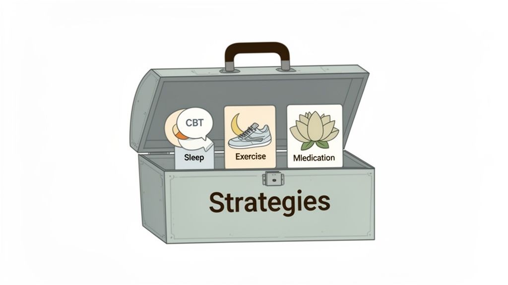 An open toolbox labeled 'Strategies' displays cards for CBT, Sleep, Exercise, and Medication.