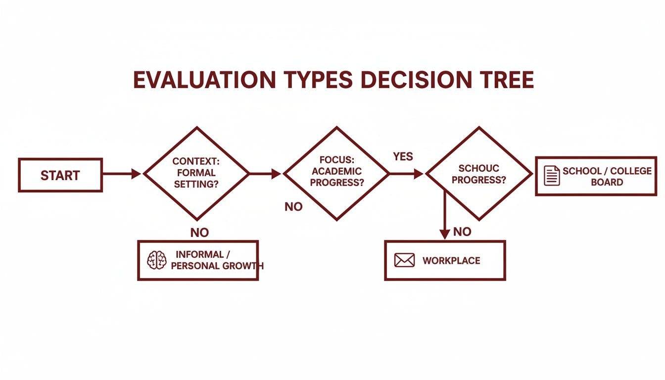 A decision tree flow chart illustrating evaluation types based on context, focus, and progress.