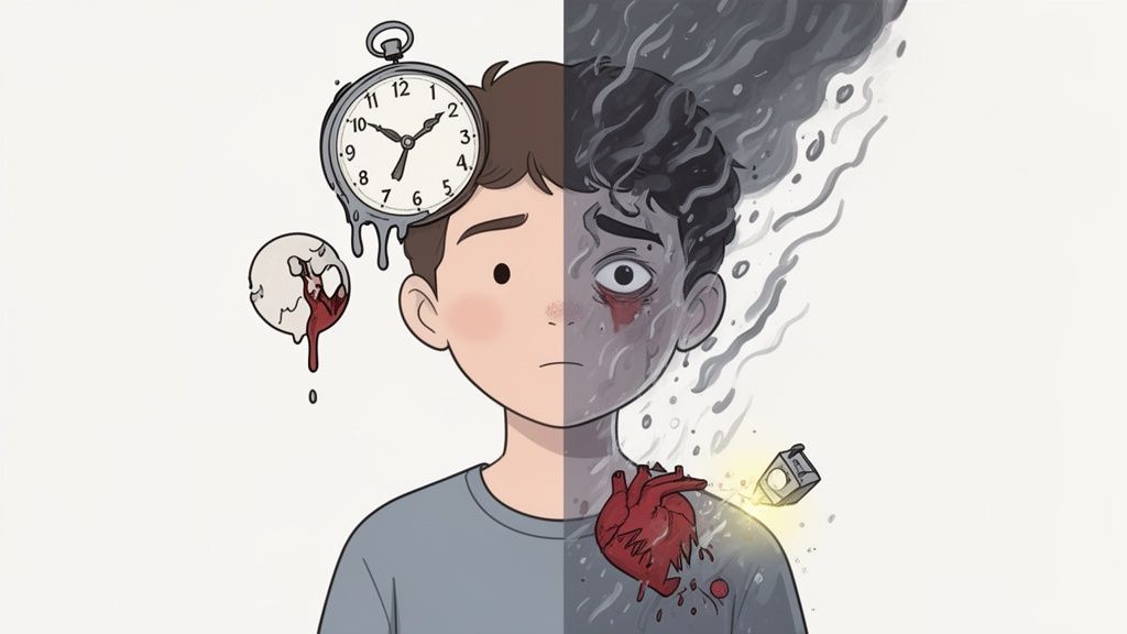 Illustration of a person with two halves: one calm, one distressed with smoke, bleeding heart, and melting clock.
