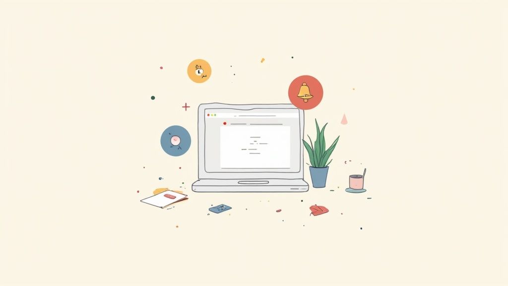 Laptop workspace illustration with notification icons, plant, and office supplies on desk