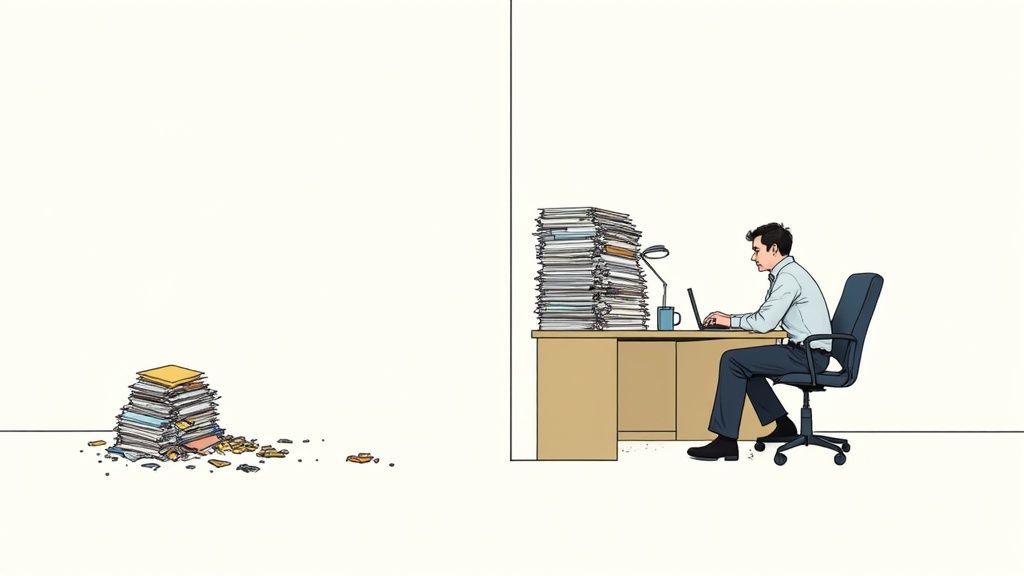 A split image contrasting disorganized papers on the left with a man working at an organized desk on the right.