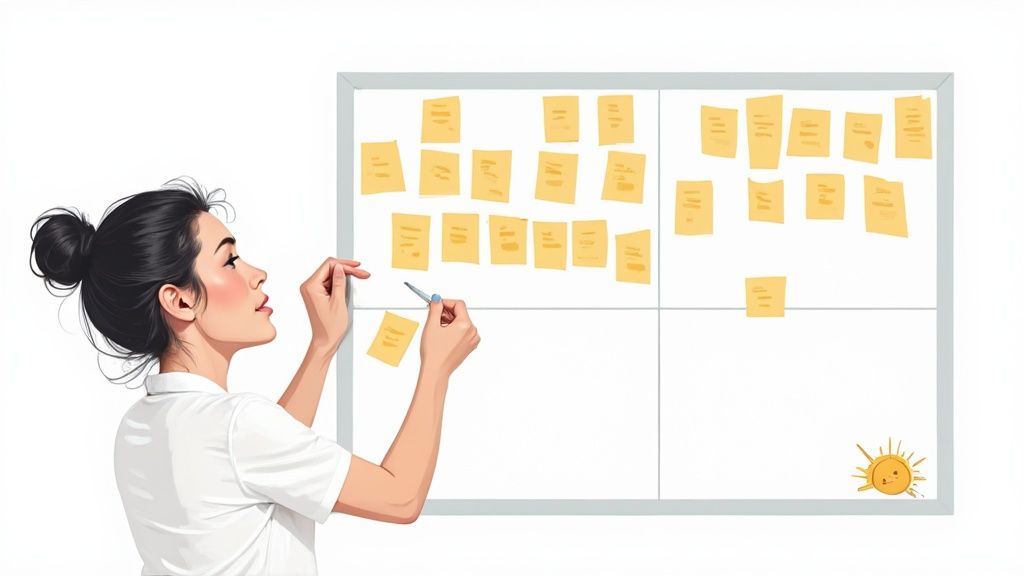 A woman with dark hair organizes yellow sticky notes on a whiteboard, symbolizing planning and brainstorming.