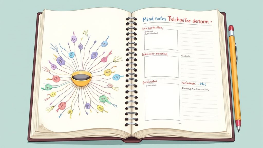 A person actively mind-mapping on a large whiteboard, connecting ideas with lines and drawings to illustrate active note-taking.