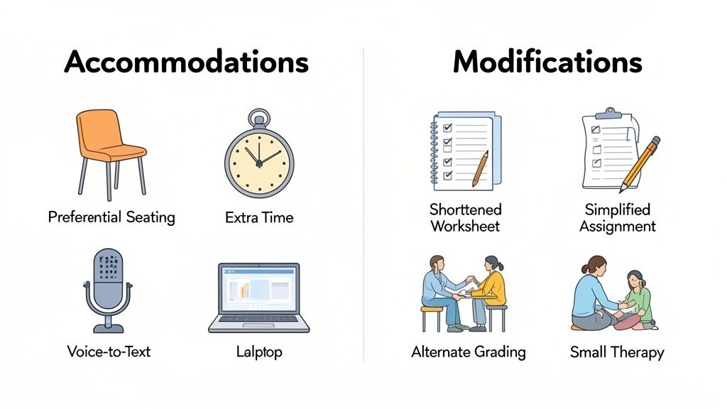 Diagram illustrating accommodations (preferential seating, extra time, voice-to-text, laptop) and modifications (shortened worksheet, simplified assignment, alternate grading, small therapy).