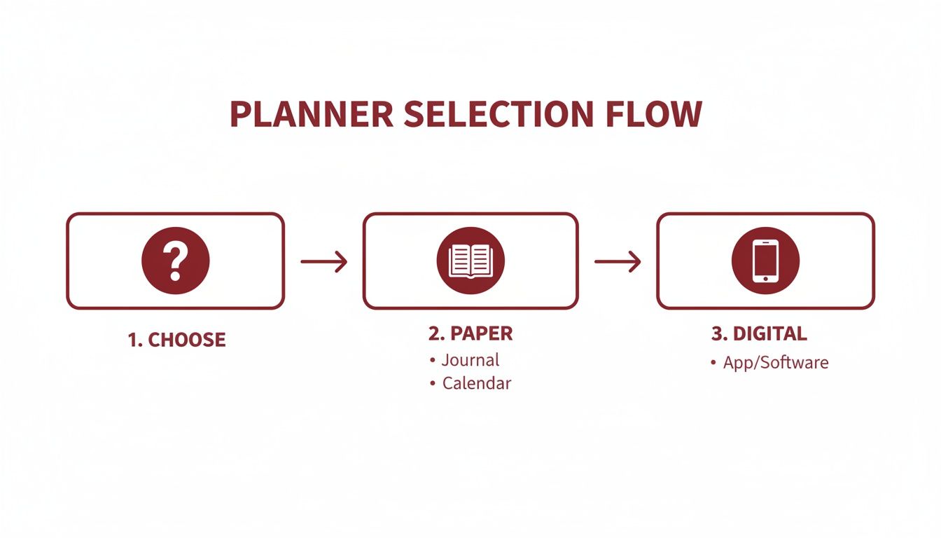 A diagram outlining a planner selection flow, moving from choosing a type to paper or digital options.