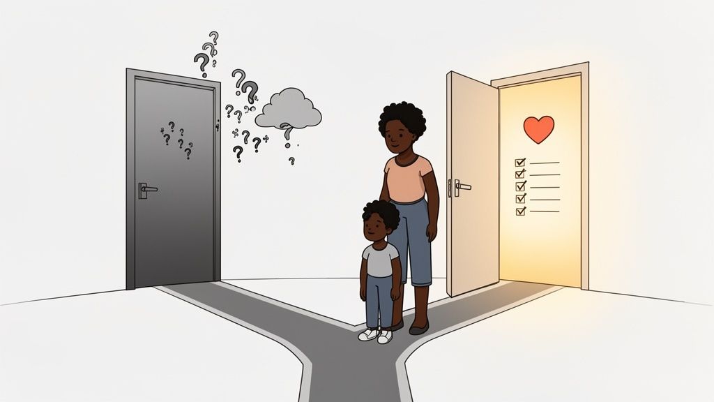 A Black mother and child stand at a path split between doors of uncertainty and fulfillment.