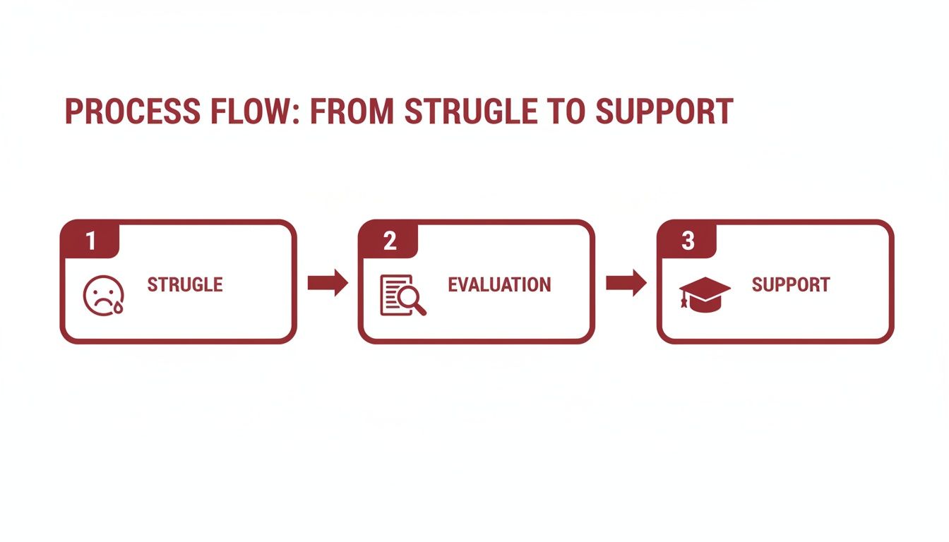 A three-step process flow: Struggle, Evaluation, and Support, depicted with icons and arrows.